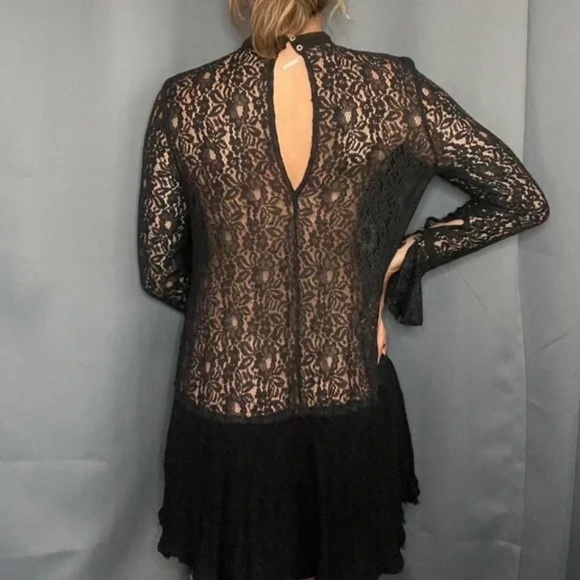 Free People Tell Tale Black Lace Hi Low Bell High Neck Swing Dress Long Sleeve M - Picture 6 of 6